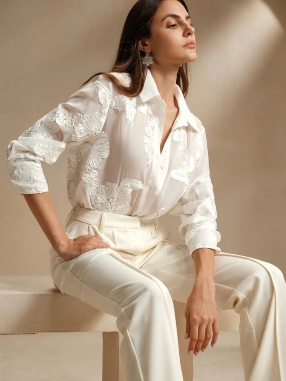 ANEWSTA Women’s Vintage French Floral Embroidery Sheer, Long Sleeve Blouse Sz M